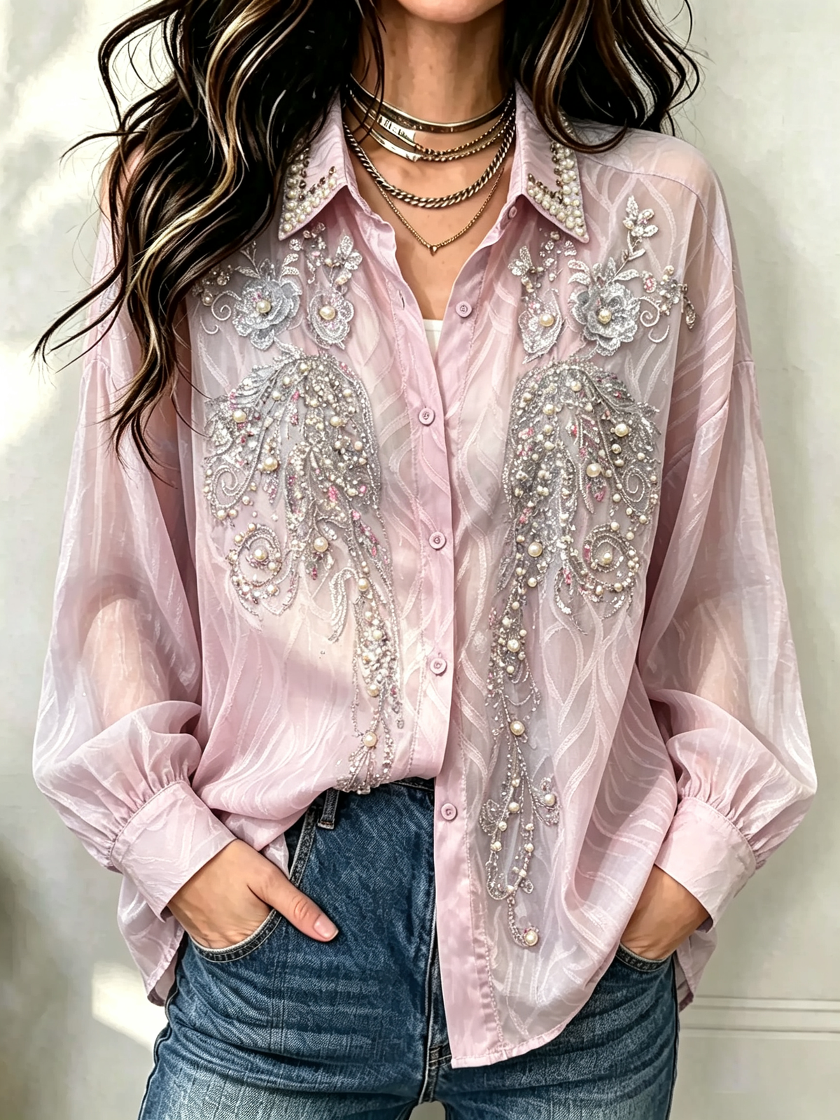 Women's Pearl Embellished Sheer Blouse