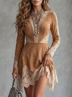 Bohemian Faux Suede Lace-Trimmed V-Neck Asymmetrical Dress