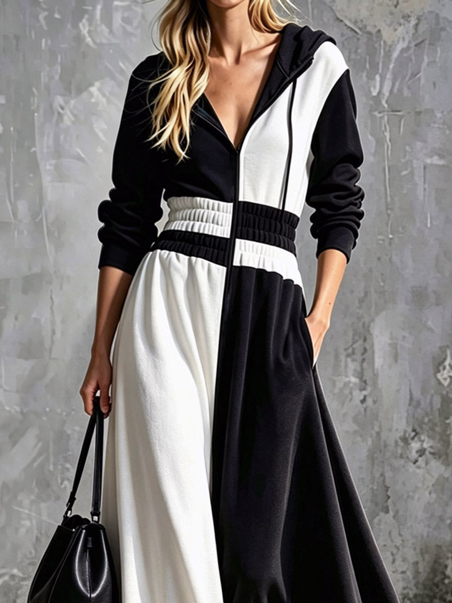 Color Block Hooded Loose Art Casual Long Sleeve Cotton Long Dress