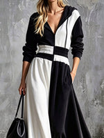 Color Block Hooded Loose Art Casual Long Sleeve Cotton Long Dress