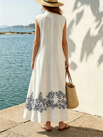 Minimalist Resort-style Cotton-linen Sleeveless Dress With A Front Zipper And Stand Collar