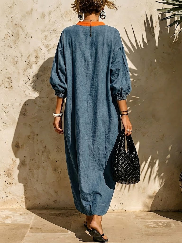 Casual Color-block Denim Dress With Pockets