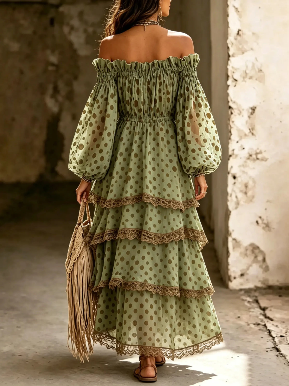 Women Big Polka Dot Lace Off Shoulder Irregular Tiered Maxi Dress