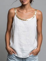 Shimmering Sequin-Trim Linen Tank Top