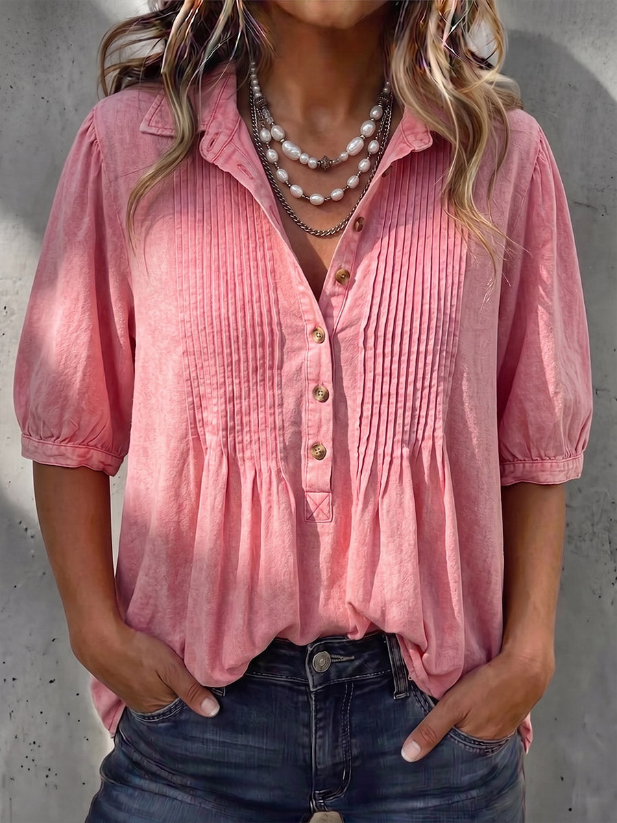 Vintage Elegant Denim Patchwork Pleat Button Shirt