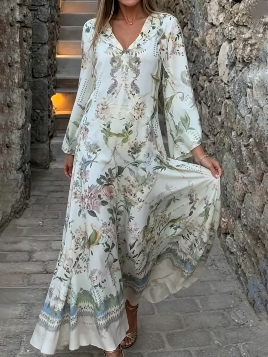 Elegant Floral Print Maxi Dress For Vacation