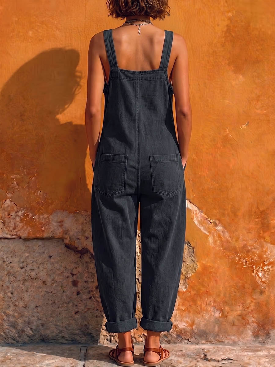 Women's U-neck Sleeveless Casual Loose Wide-leg Denim Jumpsuit