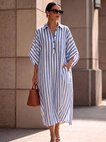 Elegant And Relaxed Striped Cotton-linen Dress With Batwing Sleeves