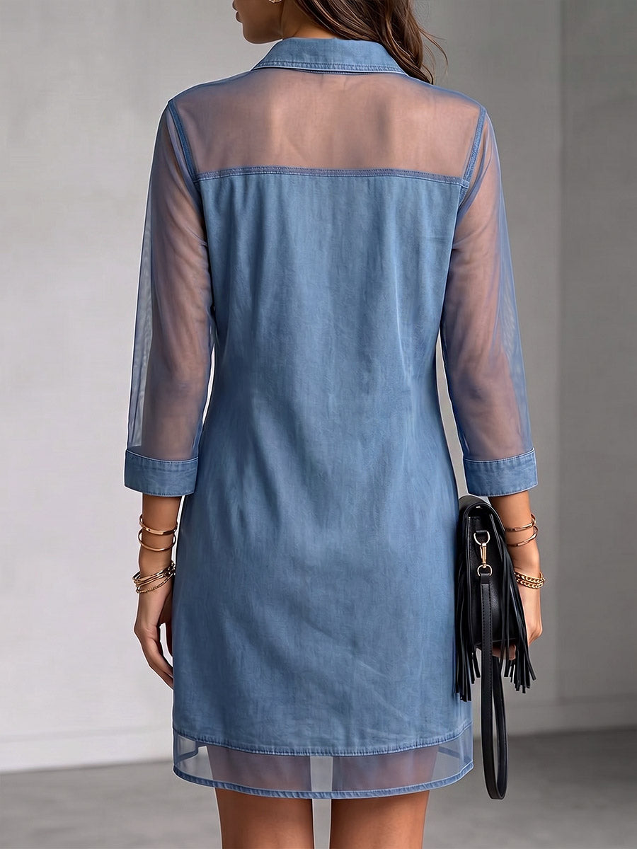 Women's Casual Loose-fit Denim Shirt Dress With Chiffon Panels Lapel Collar And 3/4 Sleeves
