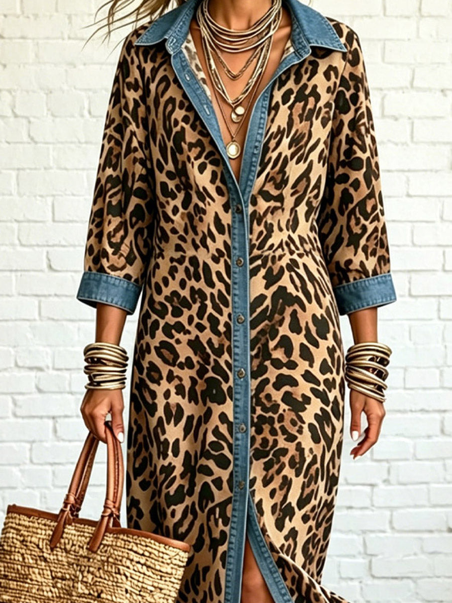 Women's Leopard Pattern Art Print Casual Stylish Lapel Maxi Dress