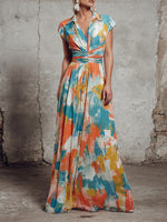 Linen-cotton Dress With Side-tie Waist And Artistic Brushstroke Print