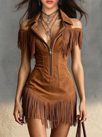 Suede-look Off-shoulder Mini Dress Featuring A Fold-over Collar, Half-zip, Fringe Detailing, And A Fitted, Waist-cinching Silhouette