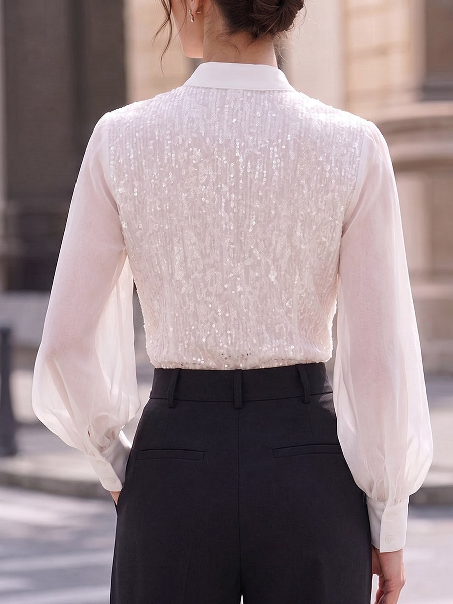 Women's Solid Color V-neck Long-sleeve Loose-fit Casual Chiffon Shirt With Sequin Panels