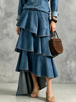 Women's Asymmetrical Ruffle Hem Art Casual Stylish Long Sleeve Maxi Denim Dress