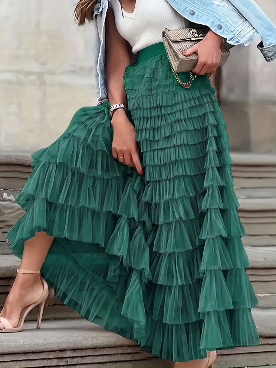 Women's Solid-color Elastic-waist A-line Tiered Mesh Skirt