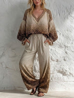 Loose And Cozy Two-piece Set Featuring A Gradient Leopard Print, Made Of A Linen-cotton Blend (shirt And Trousers).