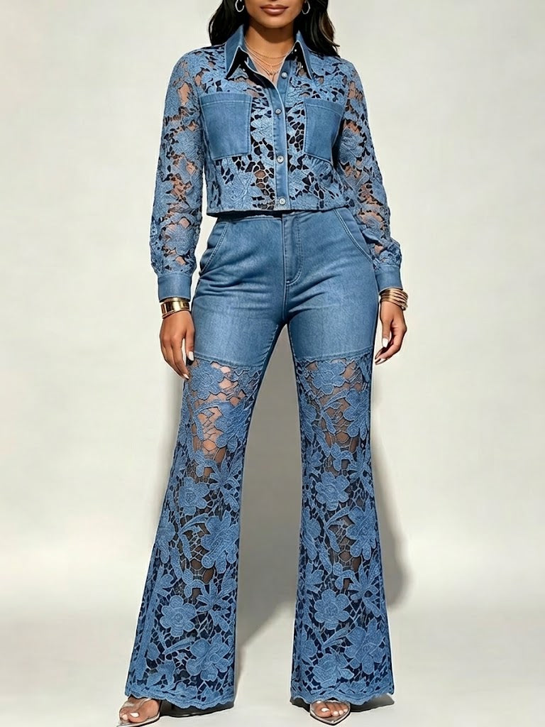 Stylish Casual Two-piece Set Featuring A Denim Shirt With Lace Detailing And Matching Trousers.