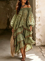 Women Big Polka Dot Lace Off Shoulder Irregular Tiered Maxi Dress