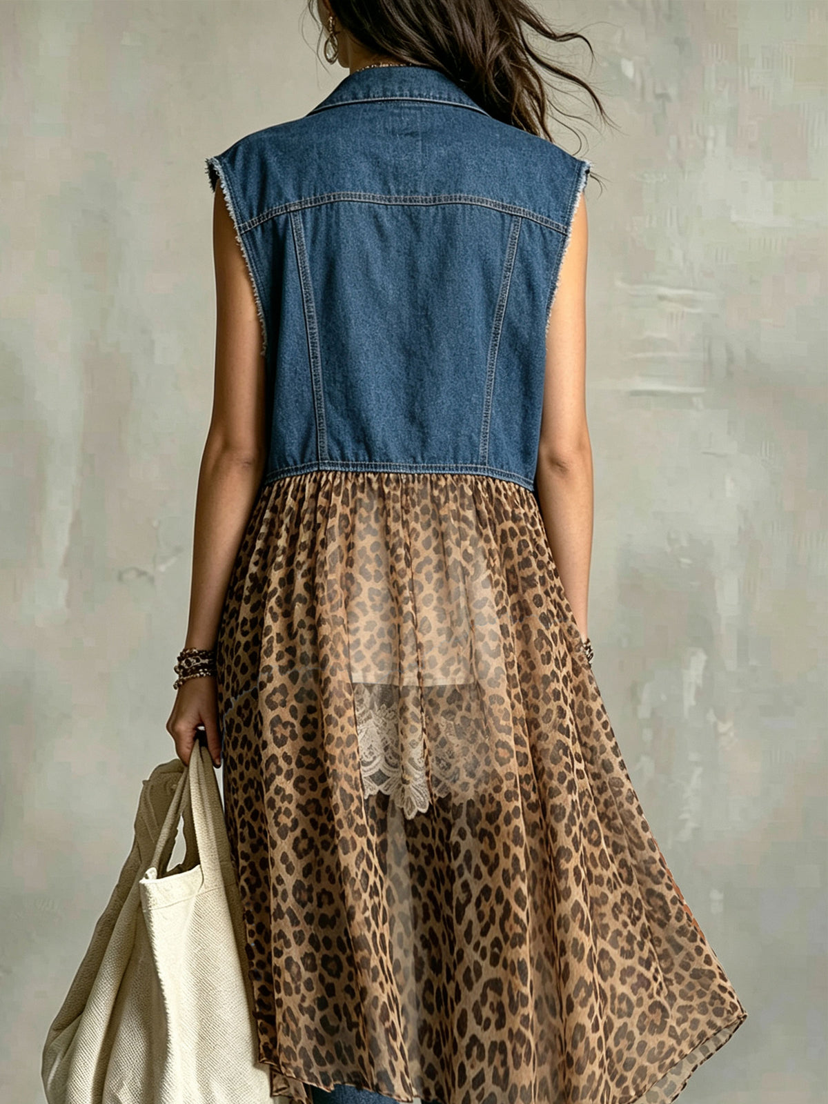Women’s Denim Sleeveless Vest With Leopard Chiffon Long Hem Patchwork Cardigan