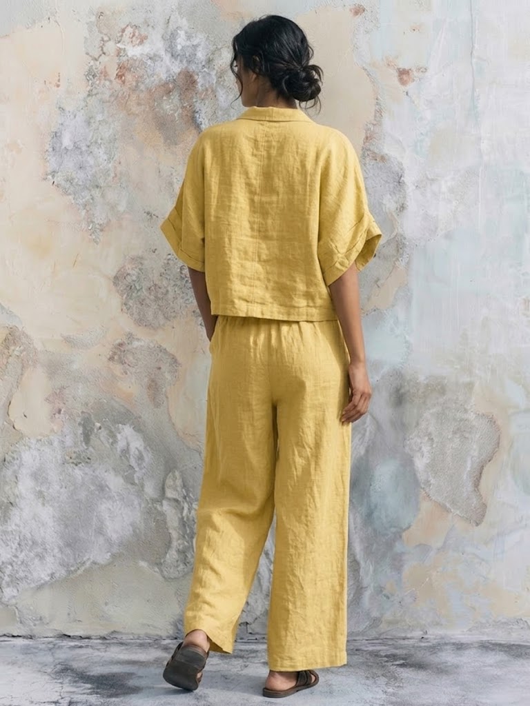Casual Linen-cotton Shirt And Trousers Two-piece Set With Lapel Collar