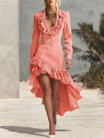Washed Denim Long-sleeve Dress Featuring A V-neck, Ruffle Details, And An Asymmetrical Hem (shorter In Front, Longer In Back)