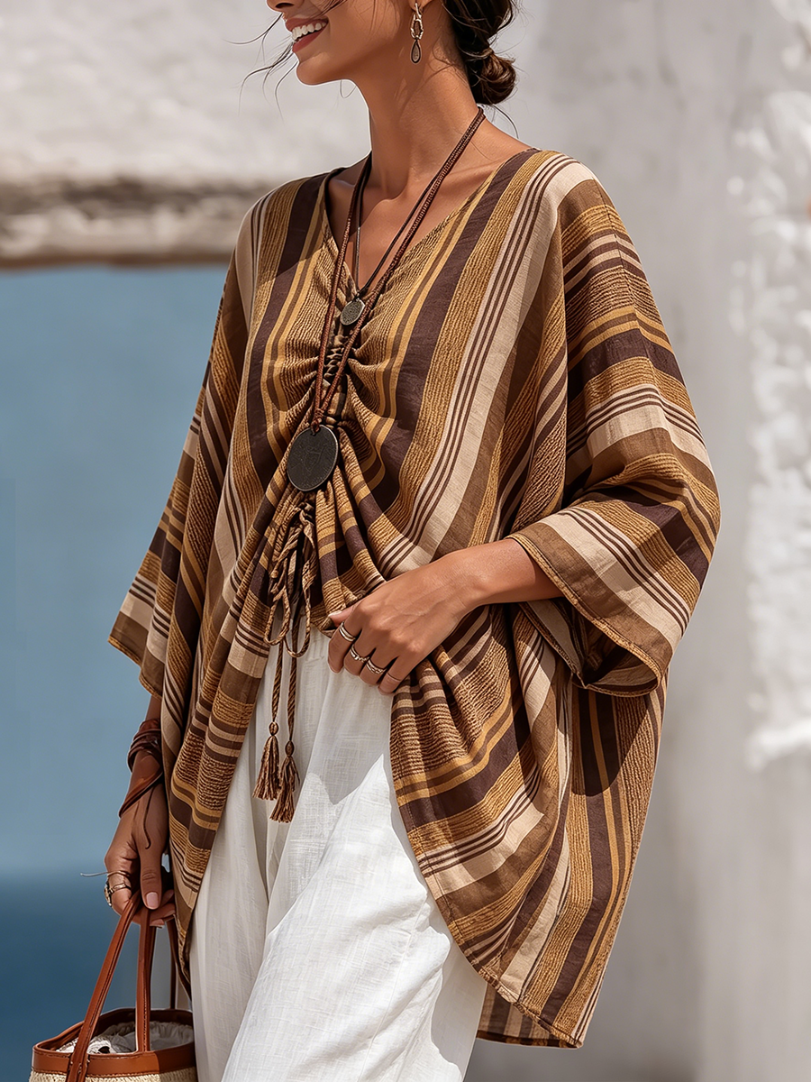 Boho-chic Style Striped Poncho Blouse