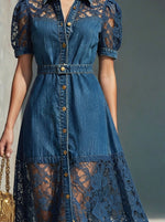 Women’s Lace Spliced Puff Sleeve Belted Denim Shirt Maxi Dress