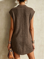 Sleeveless, Straight-cut Knit Dress Featuring An Asymmetric Denim Panel, A Stand Collar, And A Zipper Closure