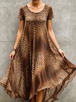 Women’s Gradient Leopard Print Short Sleeve Irregular Chiffon Maxi Dress
