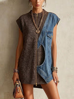 Sleeveless, Straight-cut Knit Dress Featuring An Asymmetric Denim Panel, A Stand Collar, And A Zipper Closure