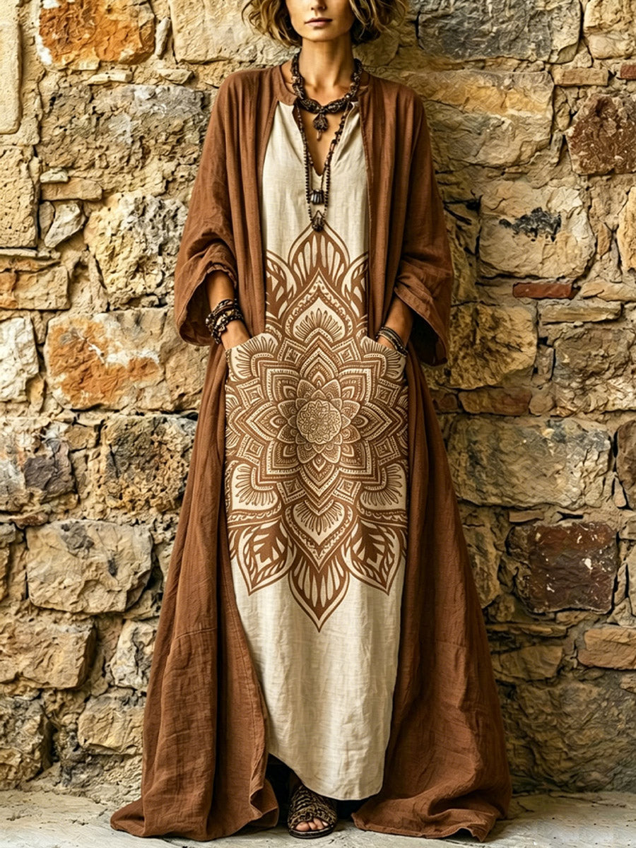 Women's Floral Casual Stylish Dress And Cardigan Cotton And Linen Two-piece Set