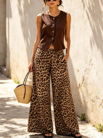 Retro Art Casual Vest And Leopard Pattern Wide Leg Pants Two-piece Set