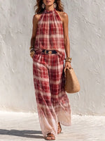 Effortless Plaid Two-Piece Set – Halter Neck Top & Ombre Wide-Leg Pants