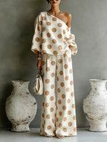Women's Polka-dot Print Set: Long-sleeve Loose-fit One-shoulder Casual Top & High-waisted Wide-leg Pants