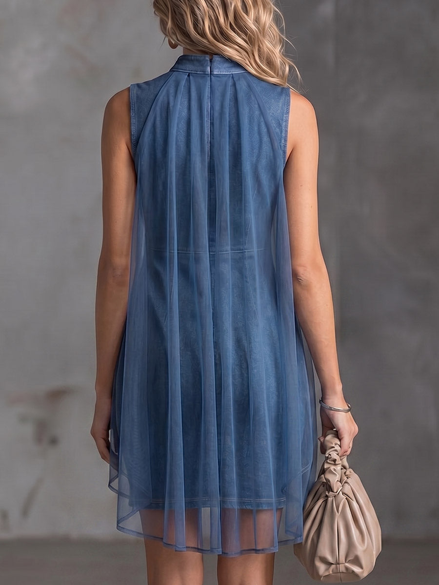 Women's Stand-collar Sleeveless Casual Slim-fit Denim Dress With Chiffon Paneling