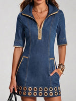 Stylish Metallic Eyelet Mini Denim Dress