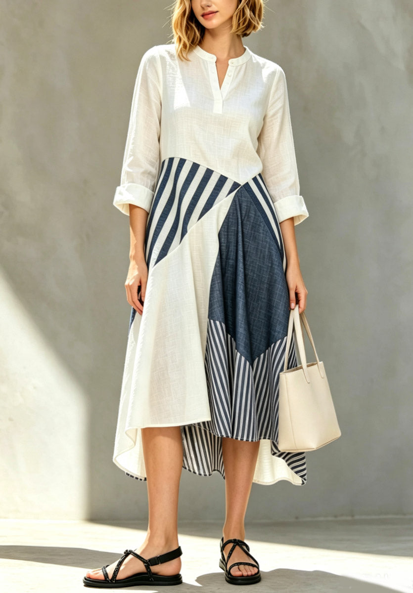 Color Block Stripe Patchwork Loose Art Stylish Casual Long Sleeve Midi Dress