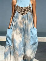 Women Tie Dye Gradient Leopard Print Patchwork Mock Neck Spaghetti Strap Loose Maxi Dress