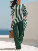 Two-piece Set Featuring A Loose, Comfortable Striped Chiffon Top And Green Trousers.