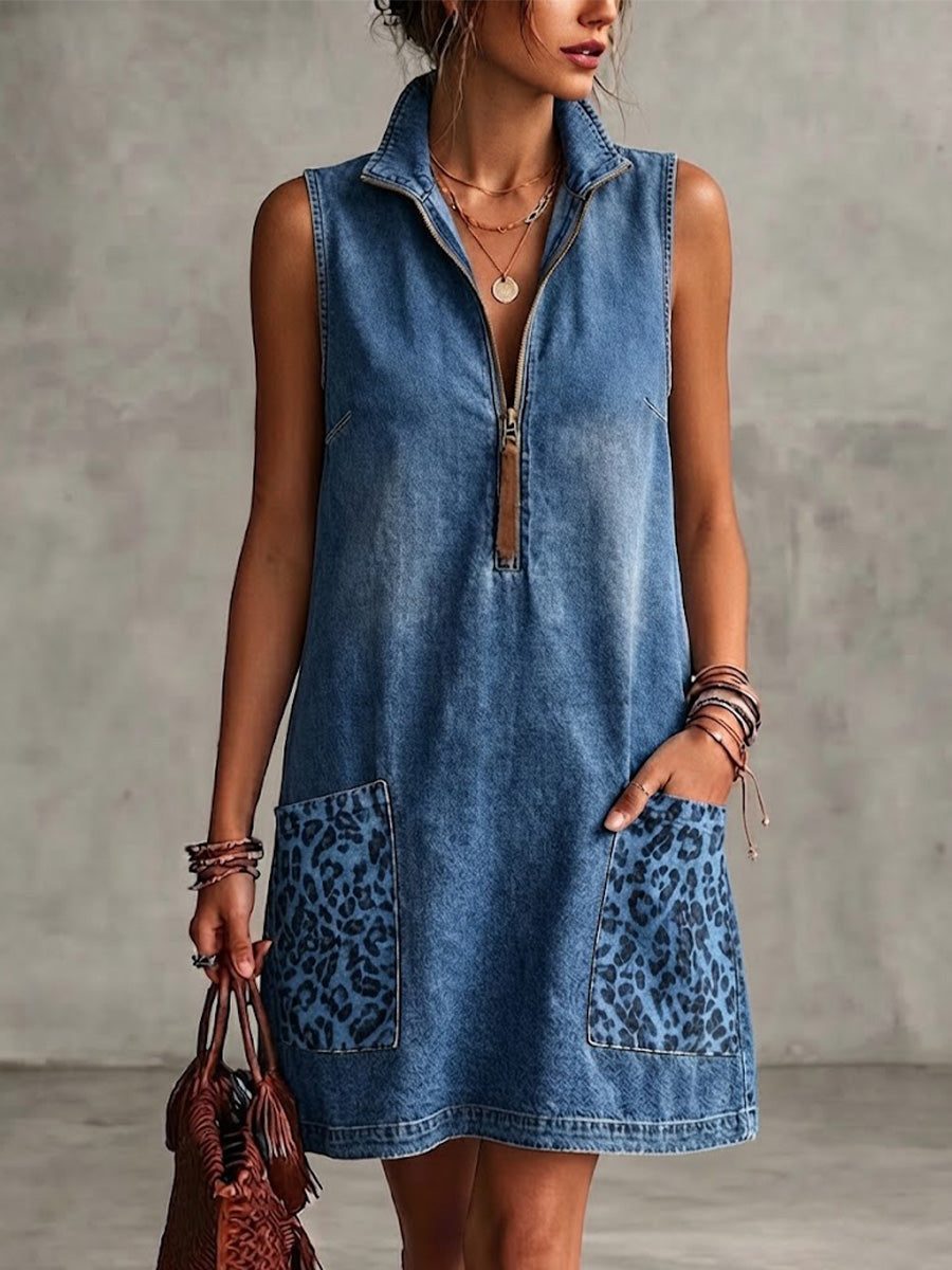 Washed Denim Stand Collar Half Zip Leopard Print Patch Pocket Sleeveless Loose Mini Dress