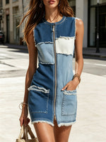 Women's Zip Art Patchwork Casual Stylish Pockets Mini Denim Dress