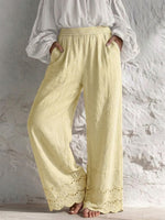 Loose, Casual, Everyday Wide-leg Cotton-linen Pants With Lace Trim