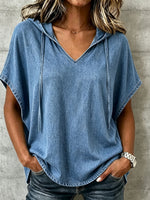 Women’s V-Neck Hooded Dolman Cap Sleeve Light Wash Denim Top With Pockets