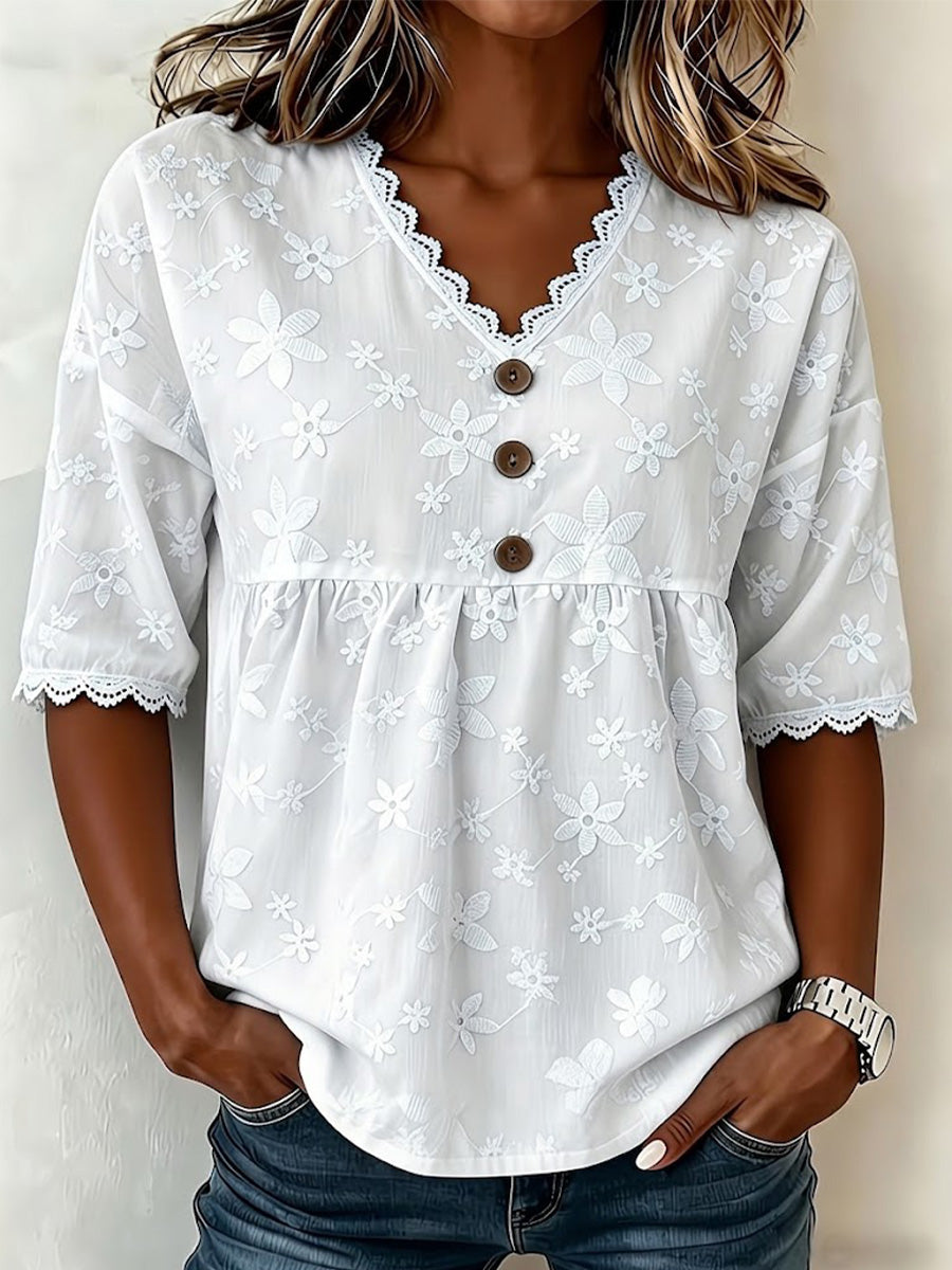 Vintage-style Casual Short-sleeve Shirt Featuring A V-neck, Lace Cut-out Patchwork, And Embroidery