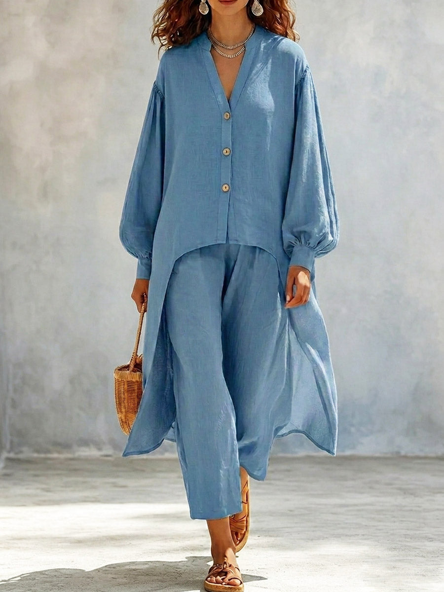 Women's V-Neck Art Casual Top And Pants Cotton And Linen Two-piece Set