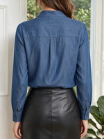 Chic Tencel Denim-Style Tie-Neck Long Sleeve Blouse