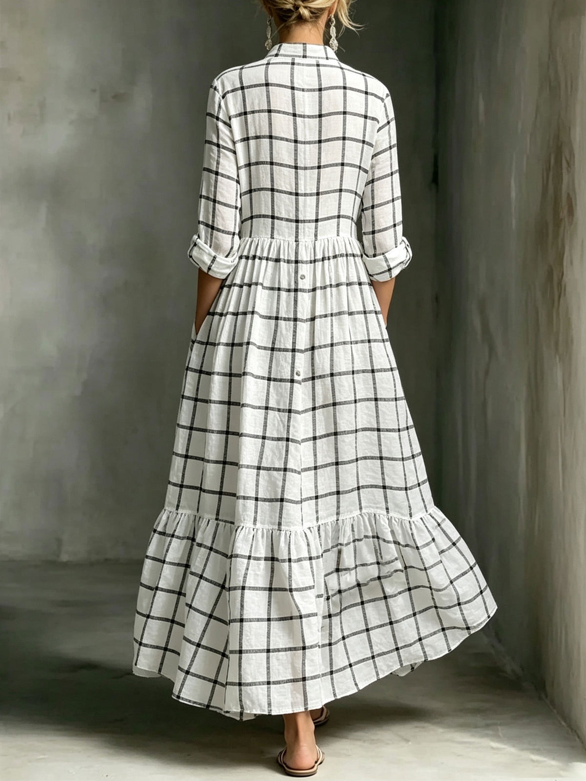 Women's Grid Print Stand Collar Button Down Ruffle Hem Cotton Linen Maxi Dress