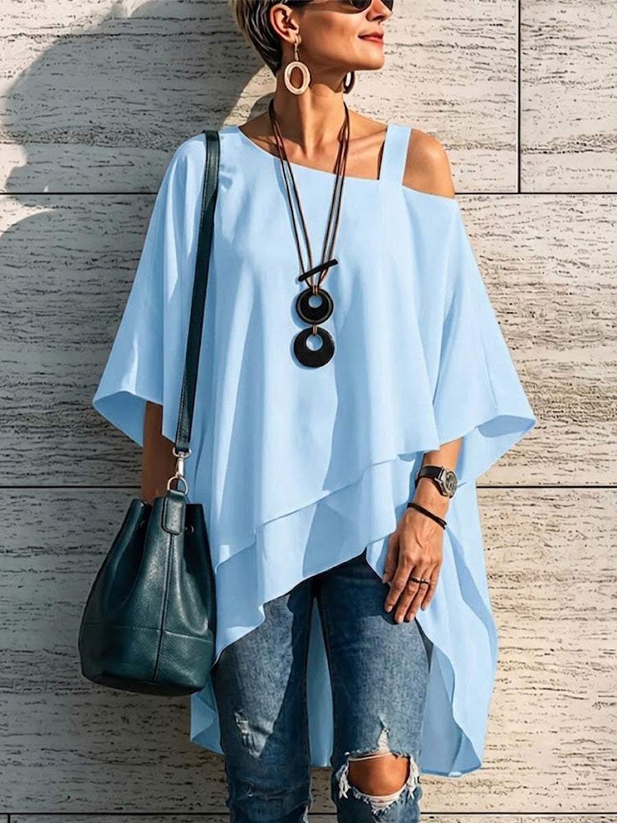 Asymmetrical Off-shoulder Top With A Single Spaghetti Strap, Irregular Hem, And Loose Fit