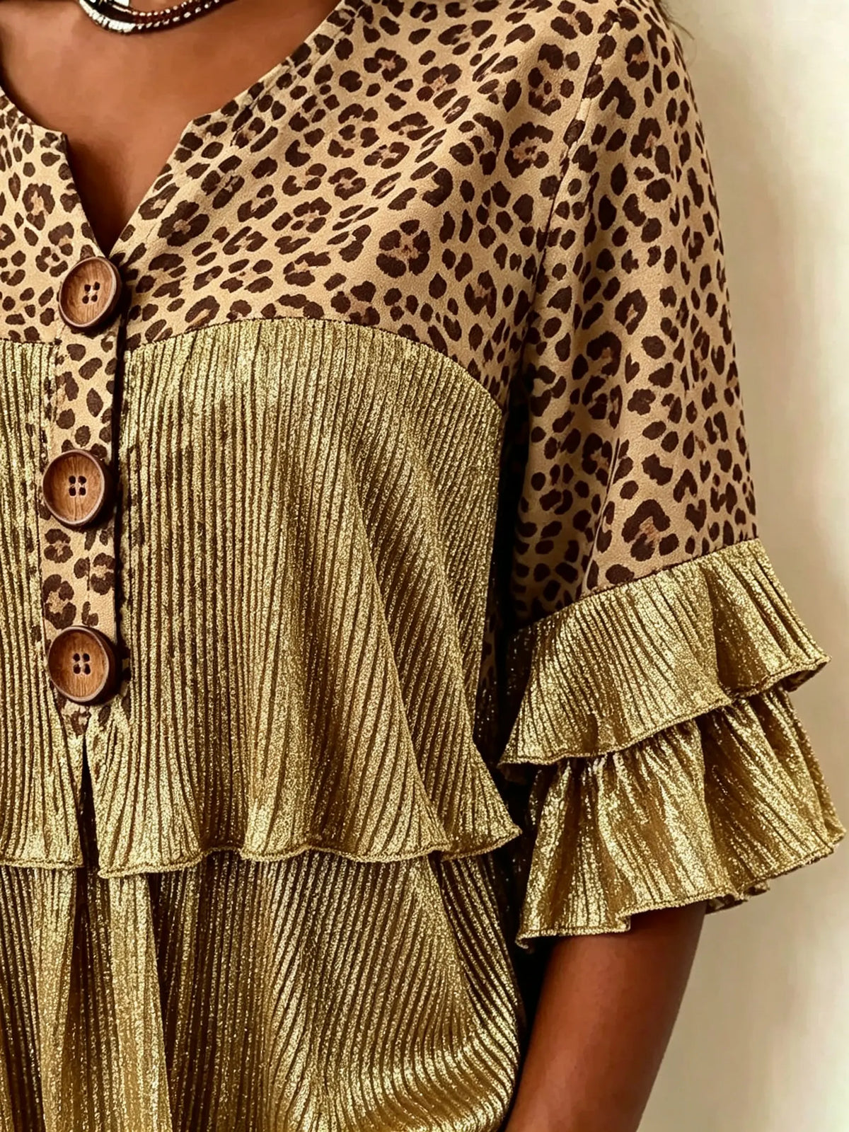 Women's Leopard Print Metallic Ruffle V Neck Blouse