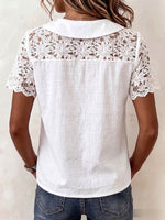 Women's Solid Color Peter Pan Collar Short-sleeve Casual Loose Cotton-linen Shirt With Lace Paneling